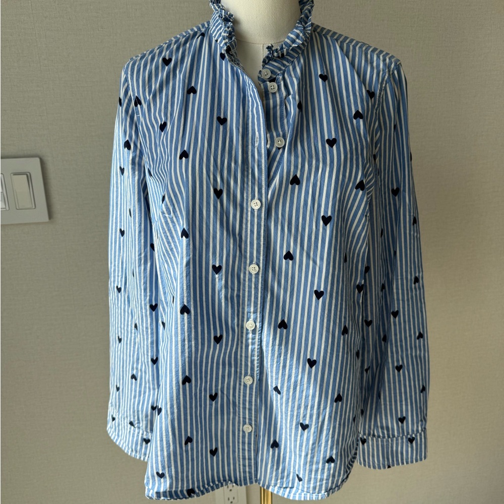 J. Crew Blue & White Striped Button-Down with Navy Heart Print